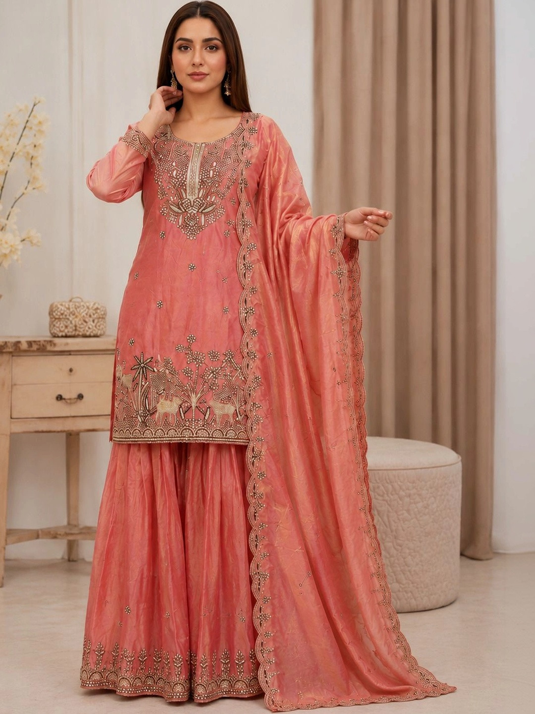 Apolyte  Embroidered Kurta With Sharara & Dupatta