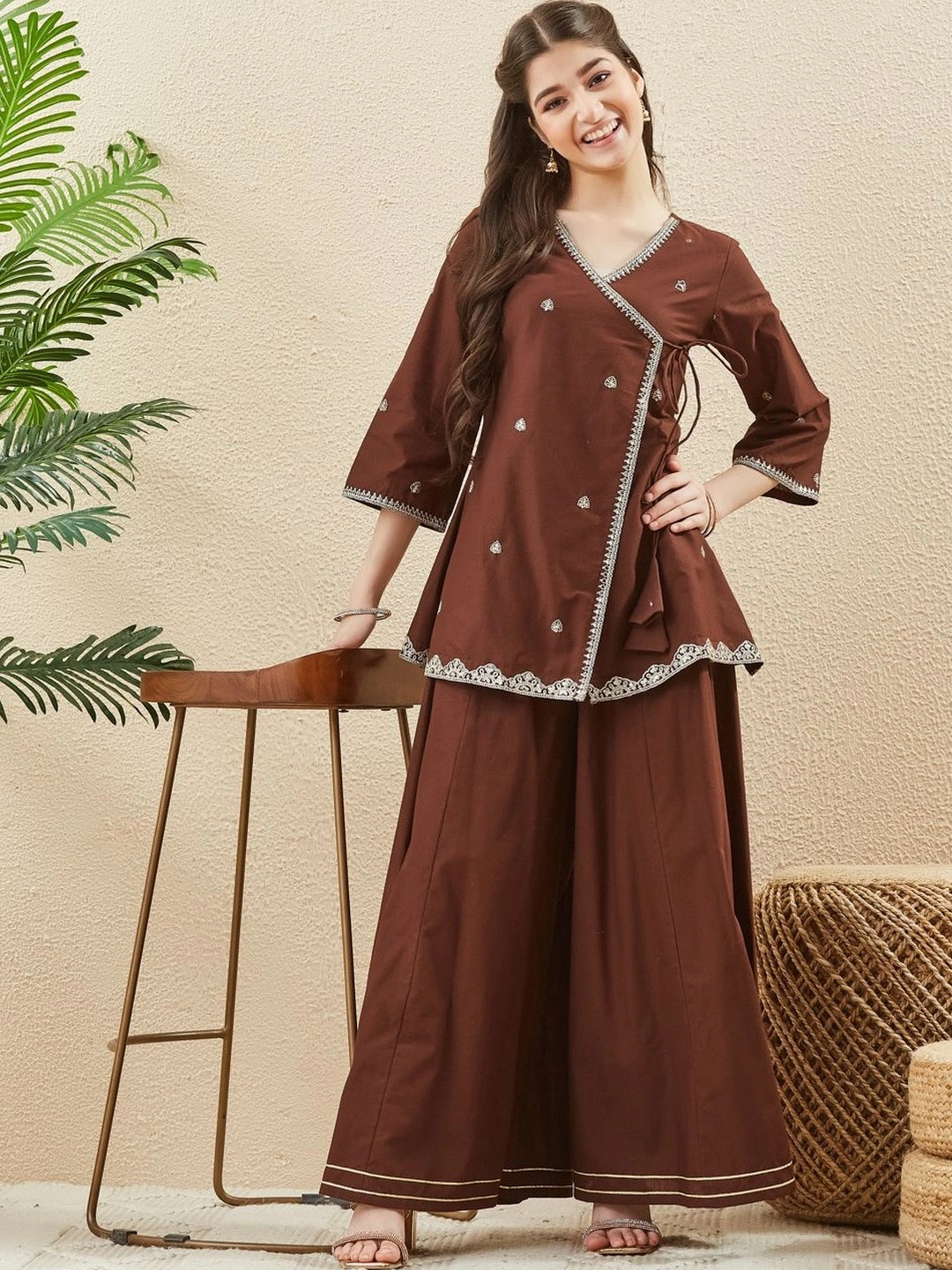 CurlyTales Girls Ethnic Motifs Embroidered Angrakha Thread Work Pure Cotton Kurta Palazzos