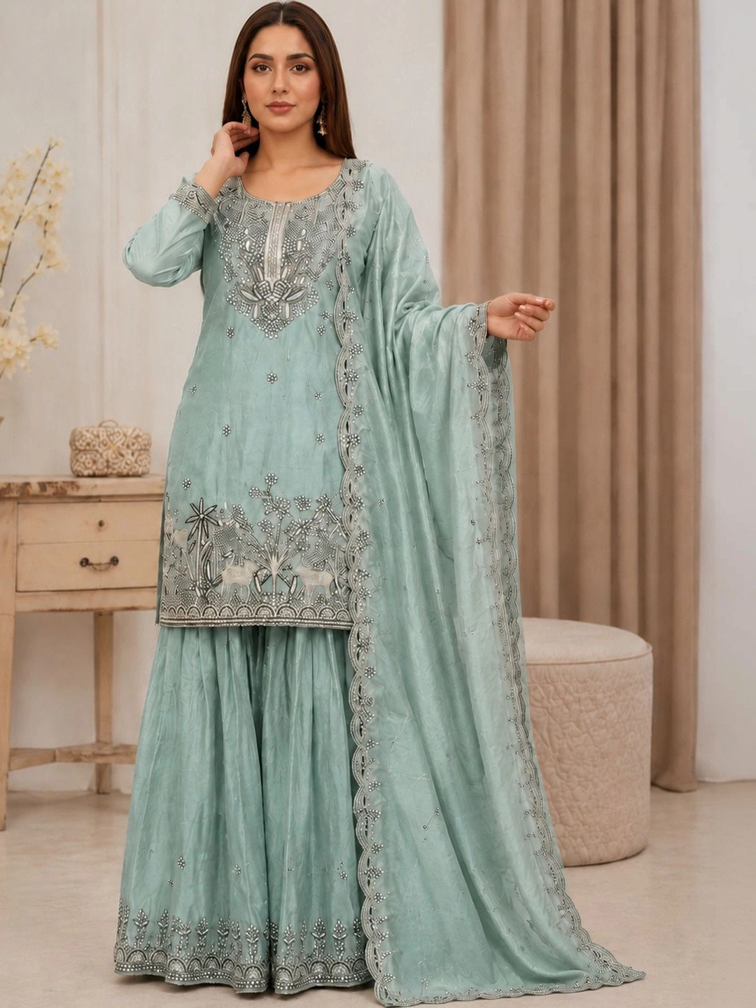 Apolyte  Embroidered Kurta With Sharara & Dupatta