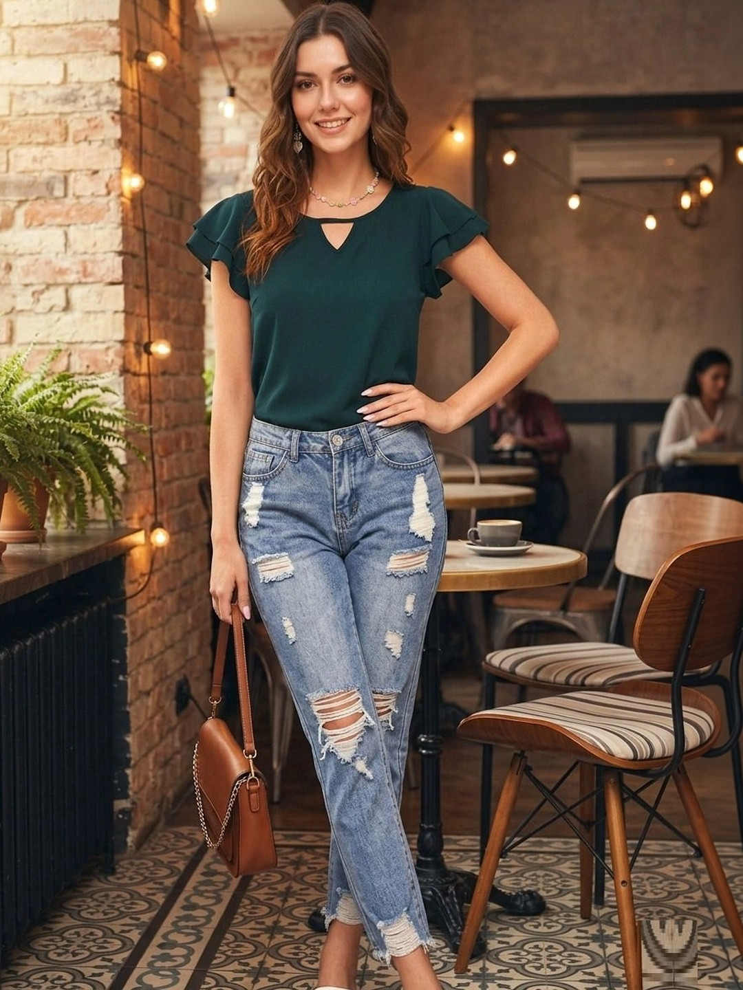 FashionsEye Keyhole Neck Flutter Sleeve Ruffles Top