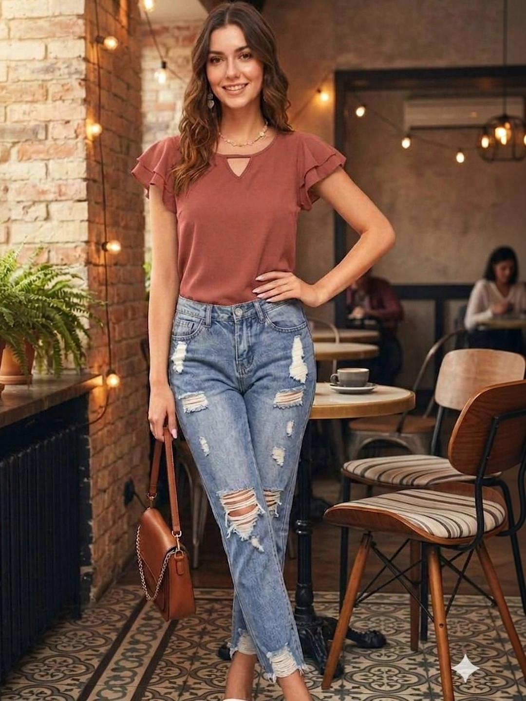 DressBerry Keyhole Neck Flutter Sleeve Ruffles Top