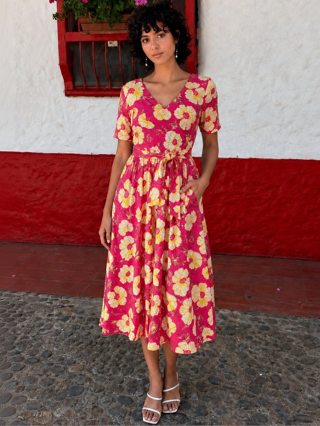ARANGETRAM Floral Print A-Line Midi Dress