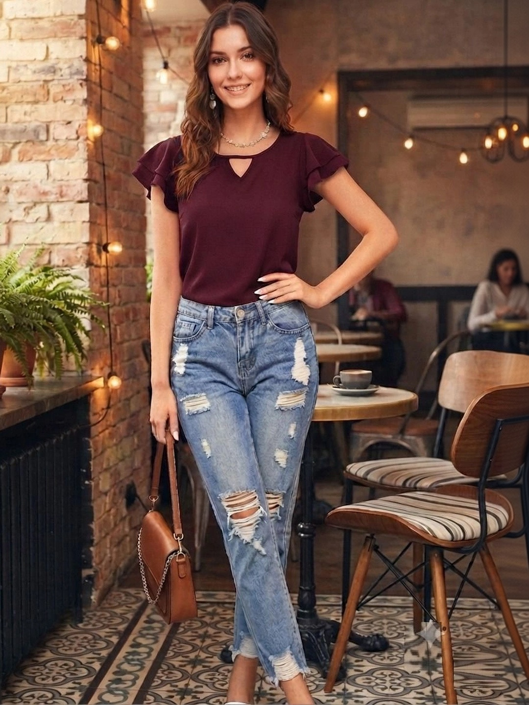 FashionsEye Keyhole Neck Flutter Sleeve Ruffles Top