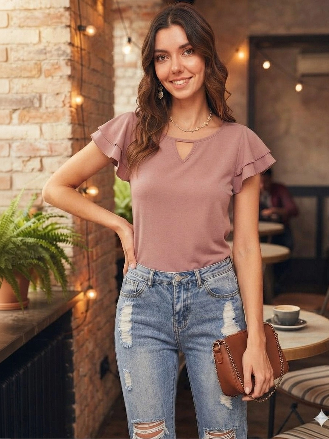FashionsEye Keyhole Neck Flutter Sleeve Ruffles Top