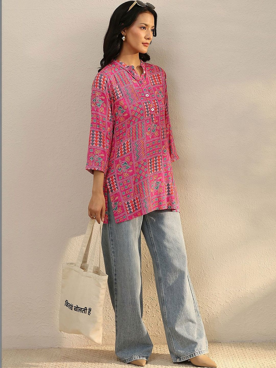 Libas Pink Multi Printed Rayon Straight Tunic
