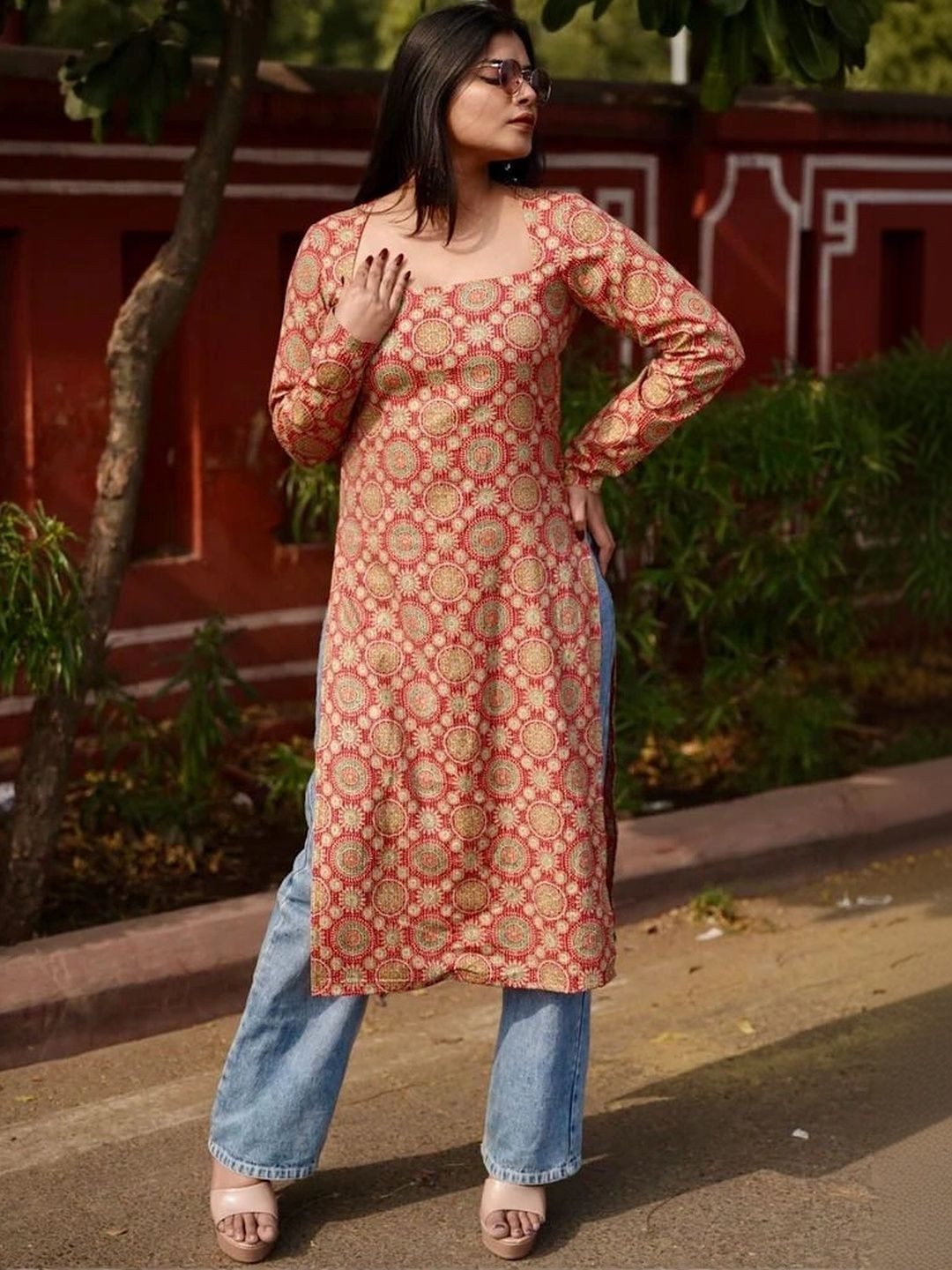 mudscare Geometric Printed Square Neck Pure Cotton Kurti