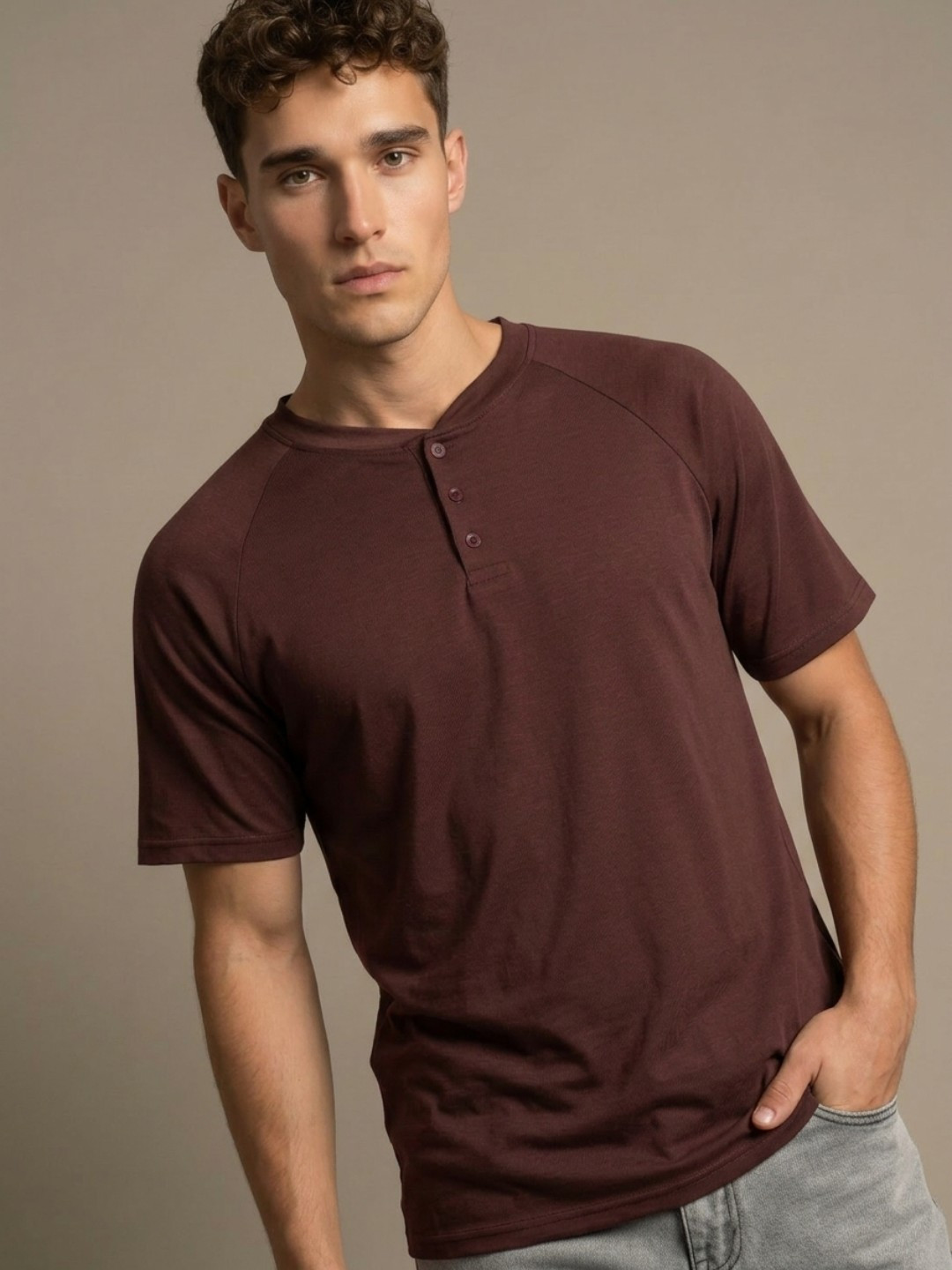 glitchez Henley Neck Raglan Sleeves Relaxed Fit T-shirt