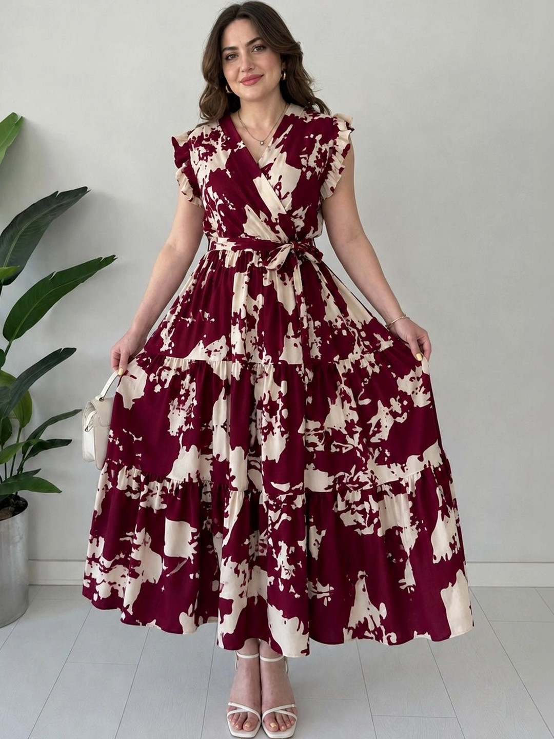 FABFINDS Print Flutter Sleeve Ruffled Maxi Dress