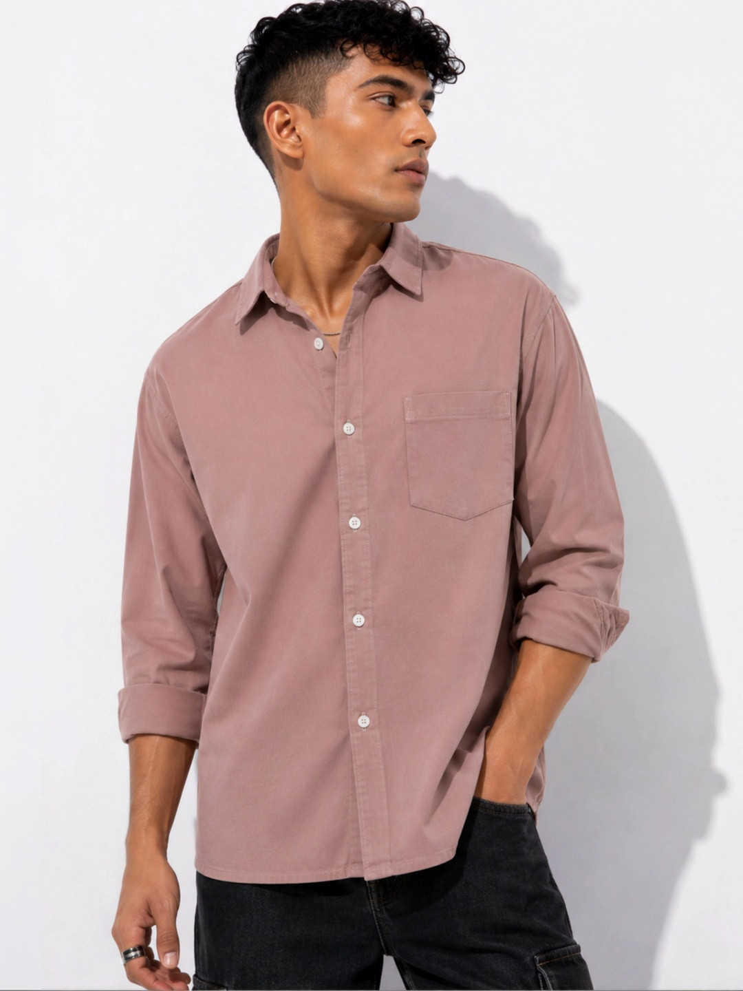 Peach Solid Casual Shirt with Curved Hem