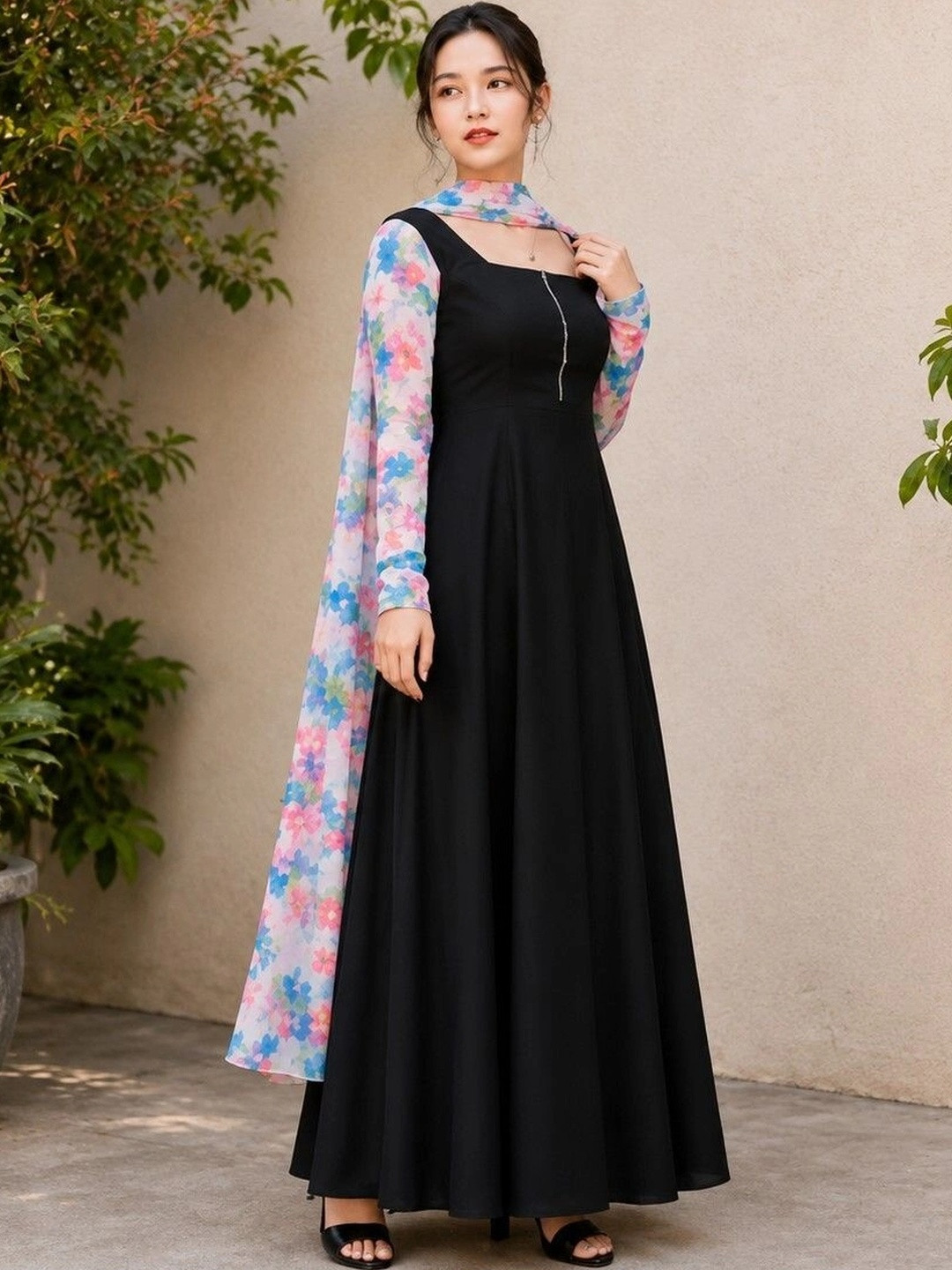 DIVU FASHION Floral Colourblocked Georgette A-Line Maxi Dress