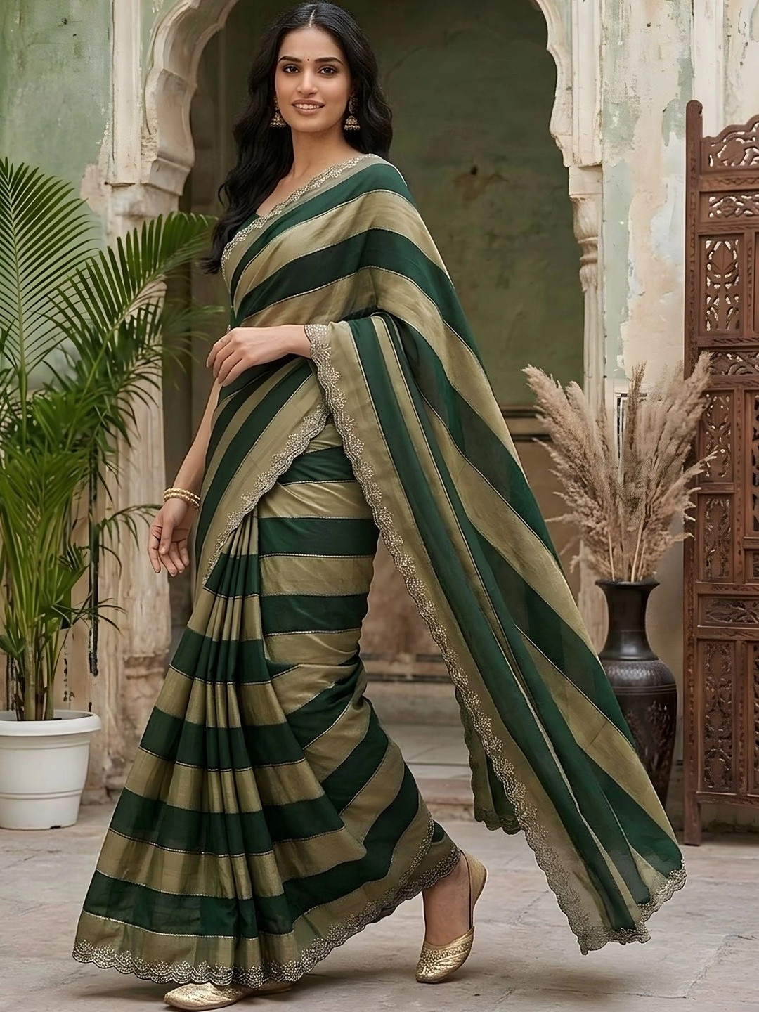 all about you Striped Embroidered Silk Blend Fusion Saree
