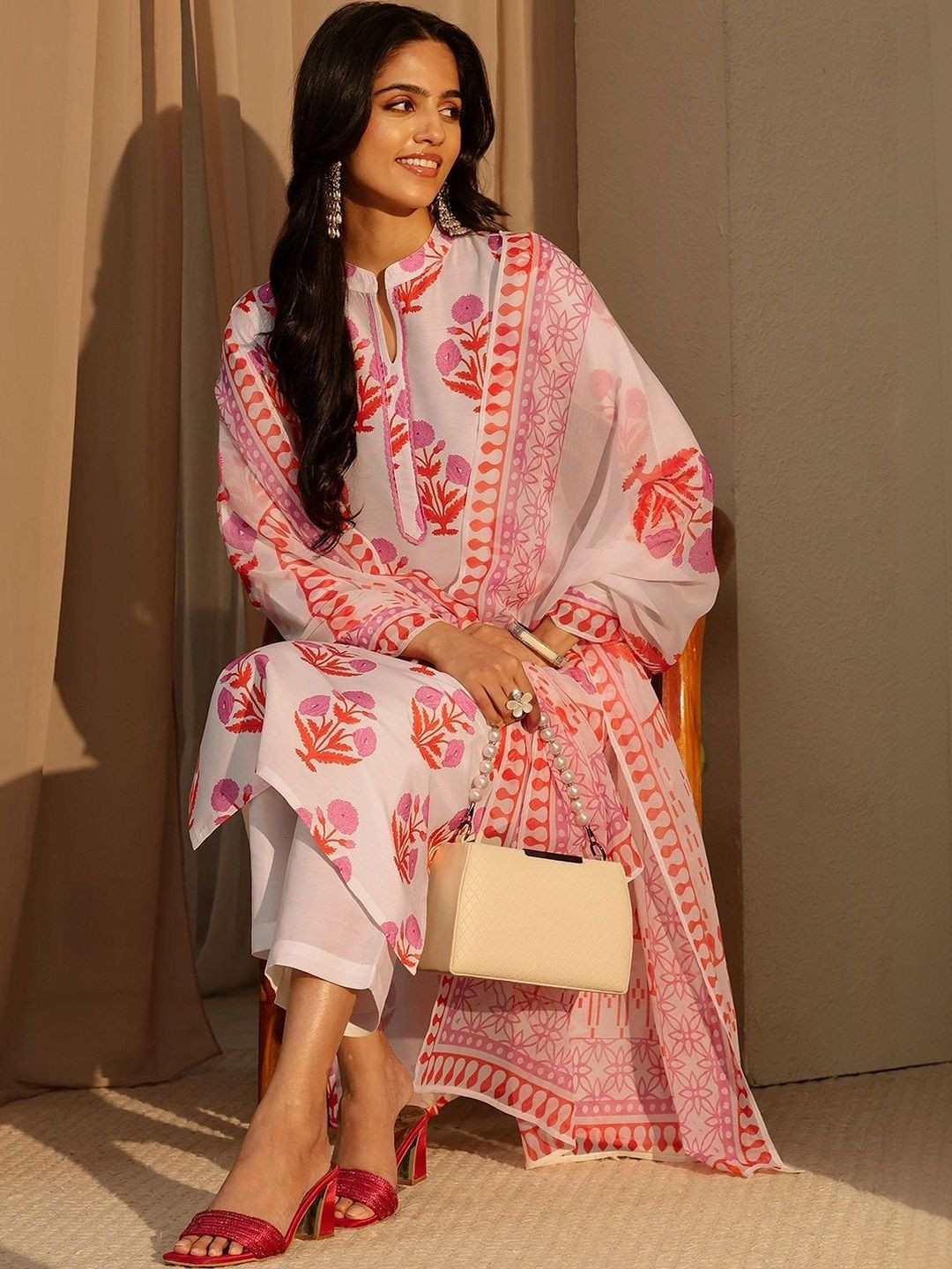 Gerua By Libas White Floral Printed Straight Cotton Blend Suit Set