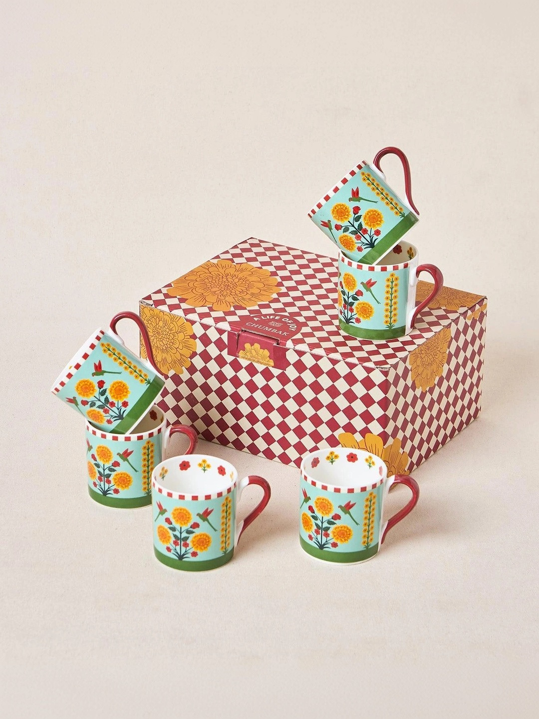 Chumbak Blue & Green Ethnic Motifs Printed Bone China Glossy Mugs Set of Cups and Mugs