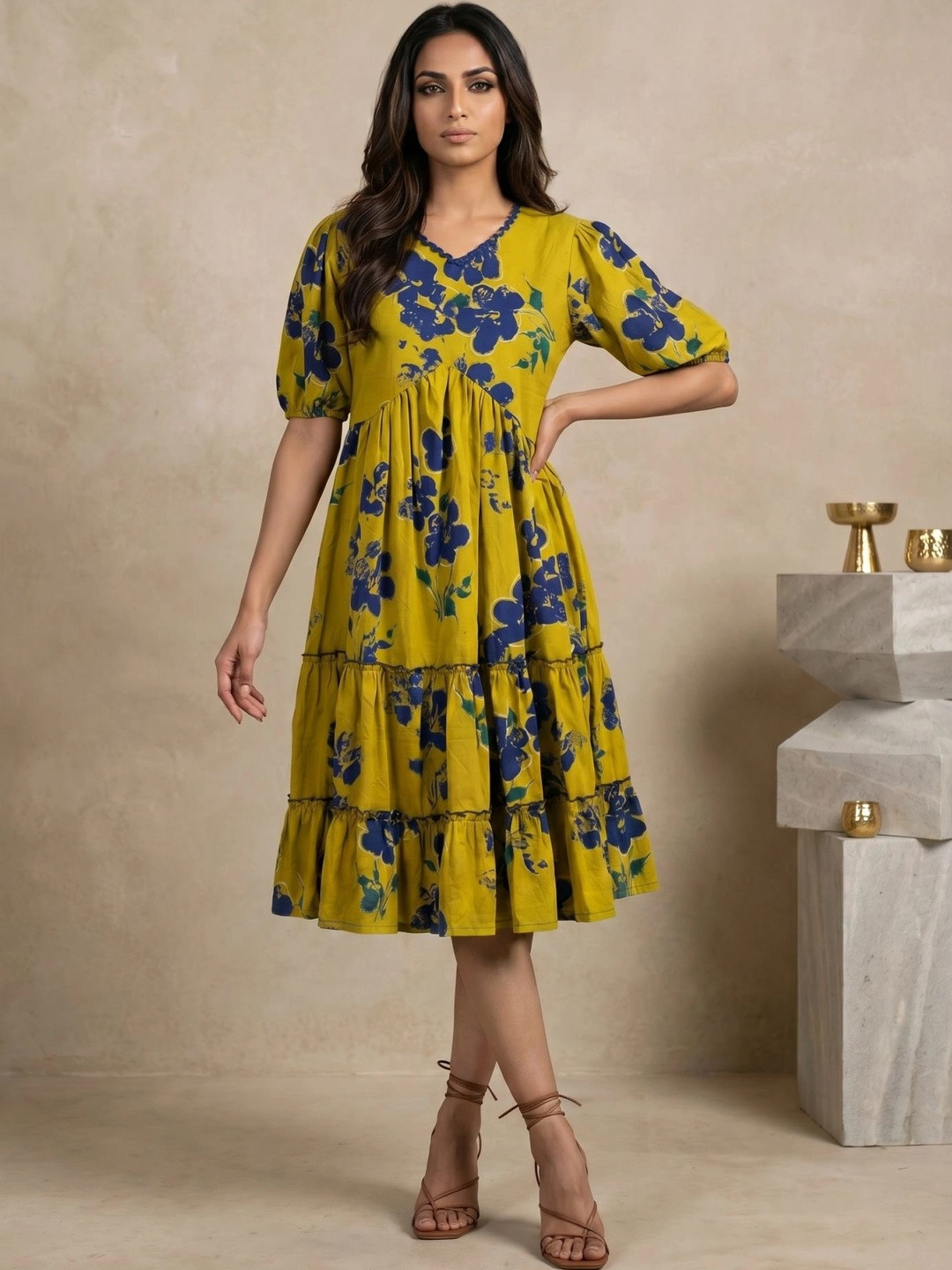 Azira Floral Print Puff Sleeve A-Line Dress