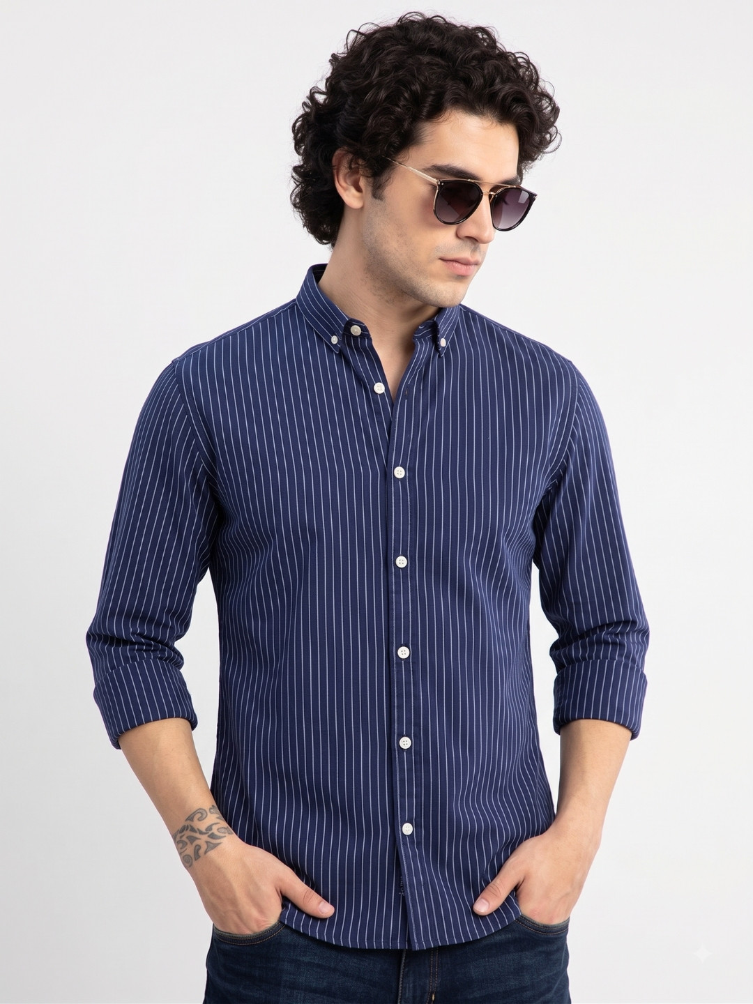 URBANICE Men Navy Blue Classic Slim Fit Vertical Striped Cotton Casual Shirt