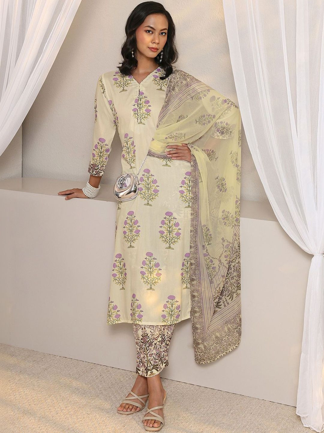 Gerua By Libas Off White Floral Printed Chanderi Silk Straight Suit Set with Dupatta