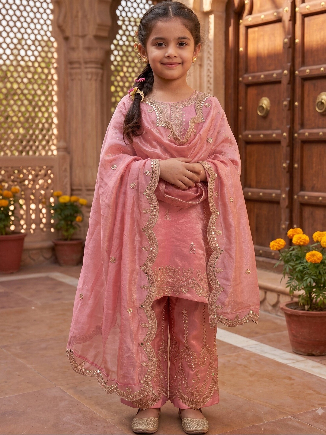 Sangria Girls Ethnic Motifs Embroidered Regular Gotta Patti Pure Silk Kurta with Palazzos & With Dupatta