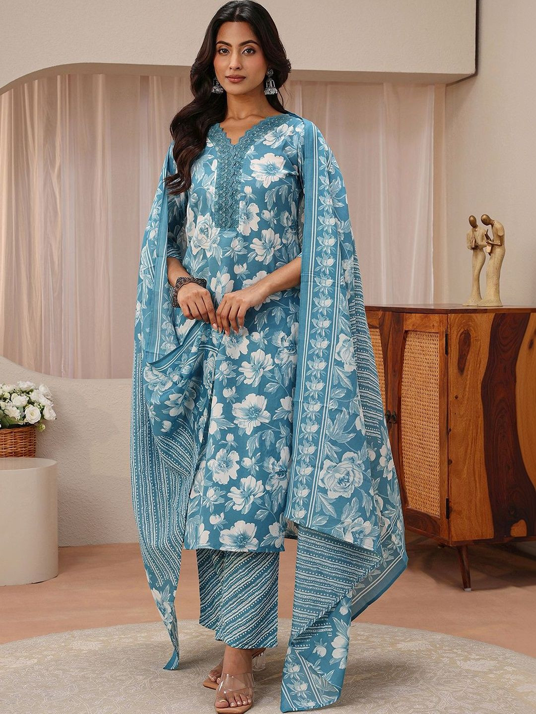 Libas Blue Floral Printed Straight Suit Set