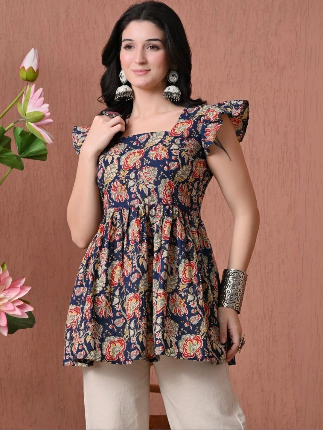 Anouk Rustic Floral Printed Square Neck Flared Sleeves Empire Kurti