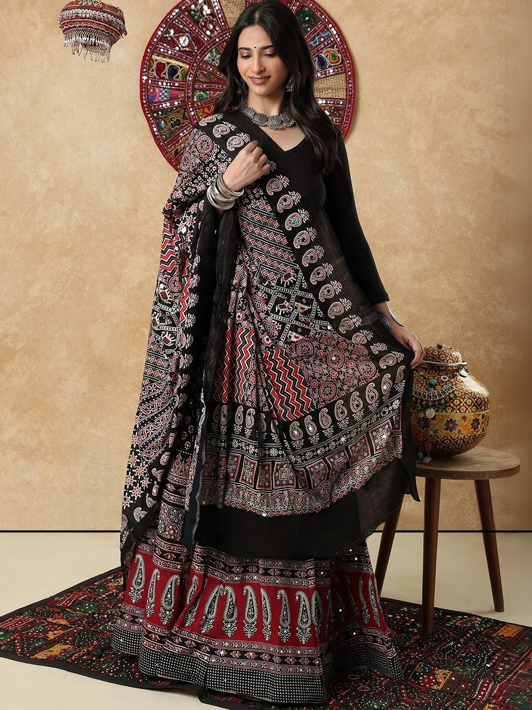 SALWAR STUDIO Silk Blend Ajrak Mirror work Garba Navratri Festive Dupatta