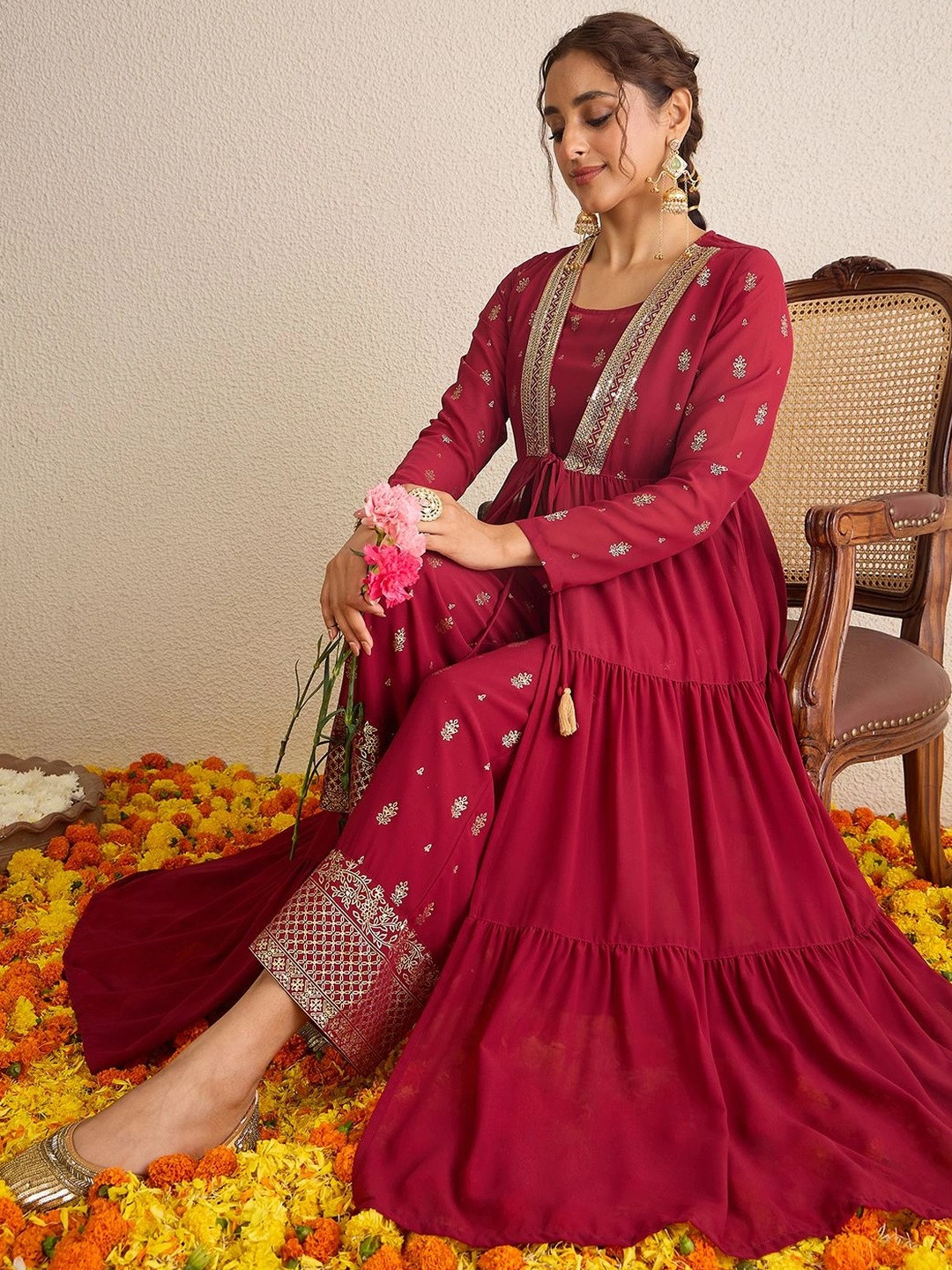 Janasya Women Maroon Georgette Embellished Gold Printed Front-Open Tiered Kurta Pant Set