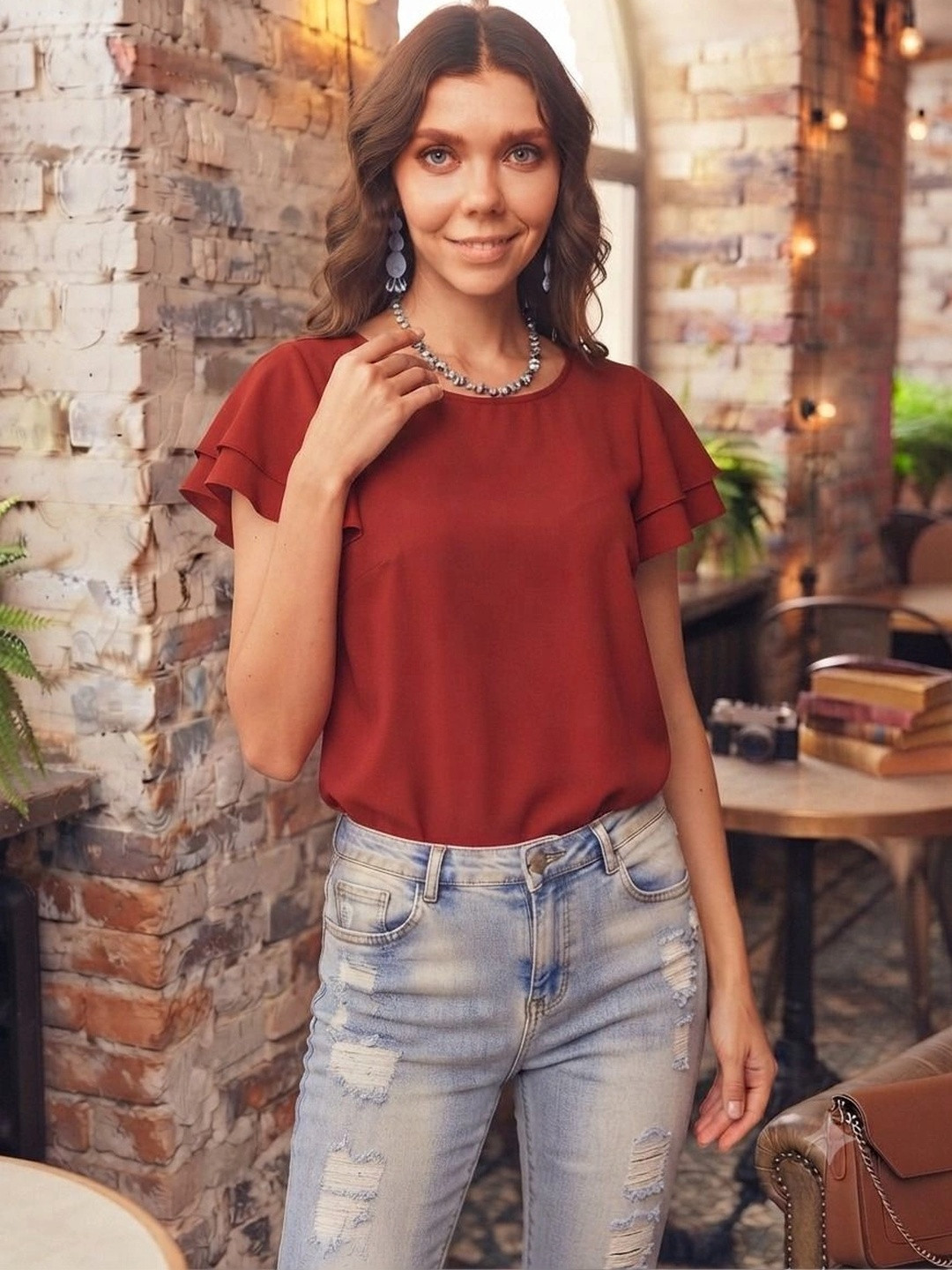 FashionsEye Keyhole Neck Flutter Sleeve Ruffles Top