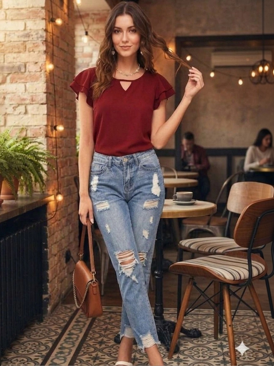 FashionsEye Keyhole Neck Flutter Sleeve Ruffles Top