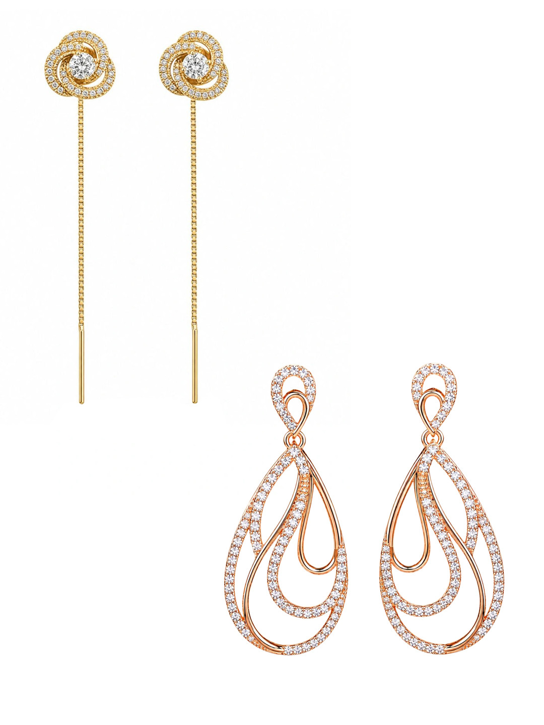 Forevershine Set Of 2 Rose Gold-Plated Teardrop & Floral Shaped Drop Earrings