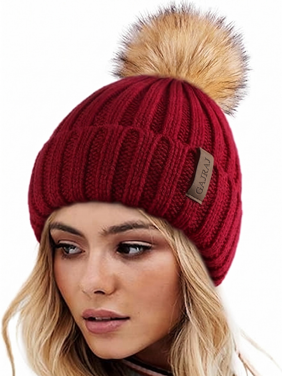 Gajraj Women Pom Pom Red Beanie Cap