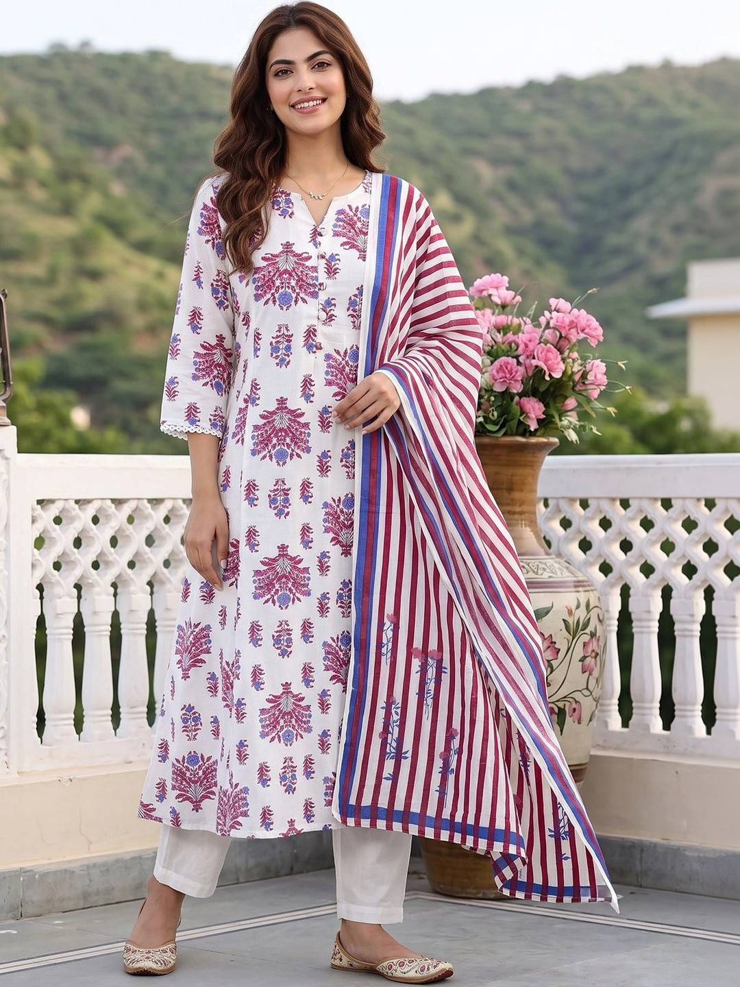 Jaitpuriya Women Ethnic Motifs Printed Regular Pure Cotton Kurta with Trousers & With Dupatta