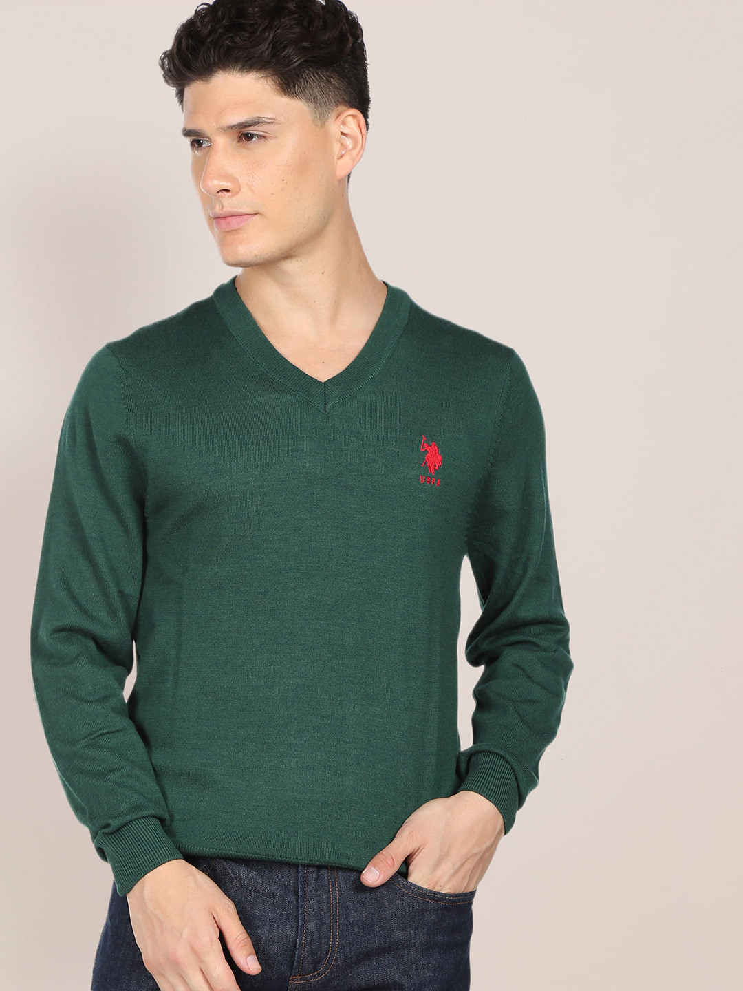 U.S. Polo Assn. Men Green Solid Pullover with Embroidered Detail