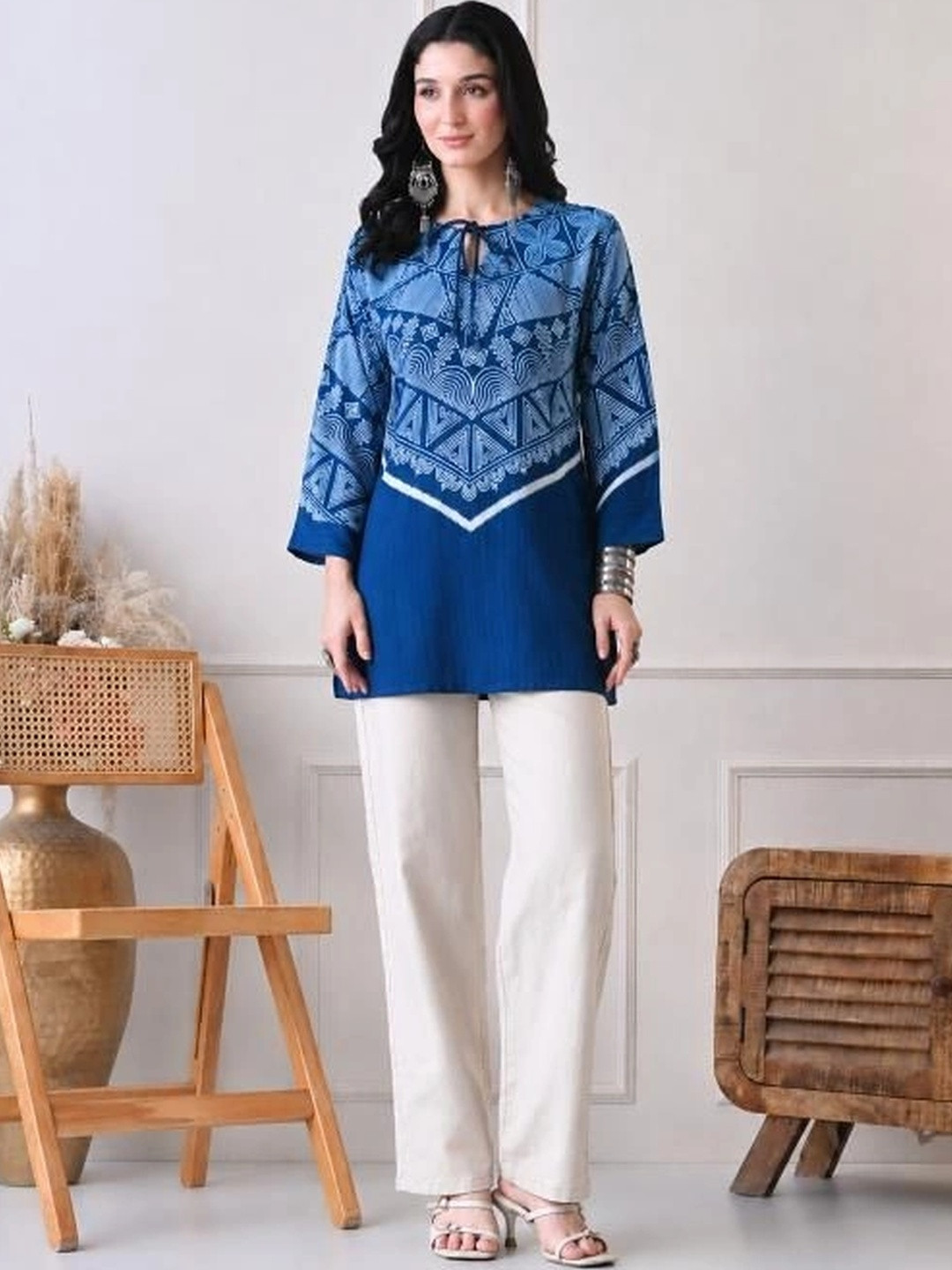 ROSHNI Women Blue Ethnic Motifs Printed Round Neck Viscose Rayon Kurti