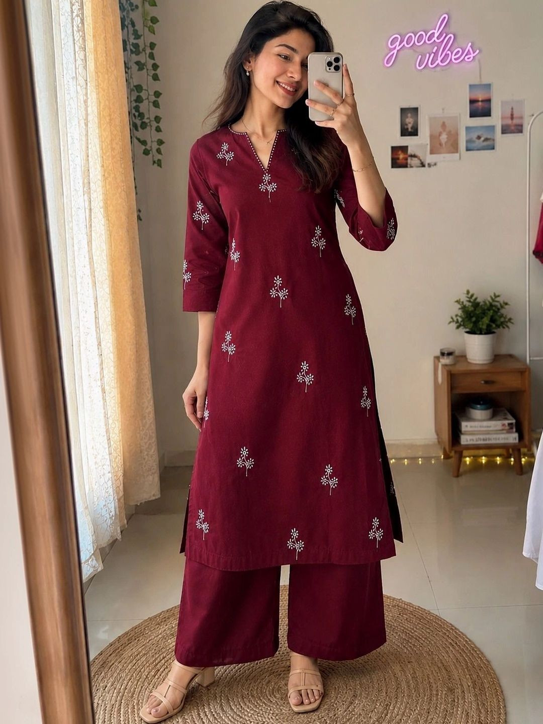 SALE MANTRA Women Ethnic Motifs Embroidered Regular Thread Work Pure Cotton Kurta with Palazzos
