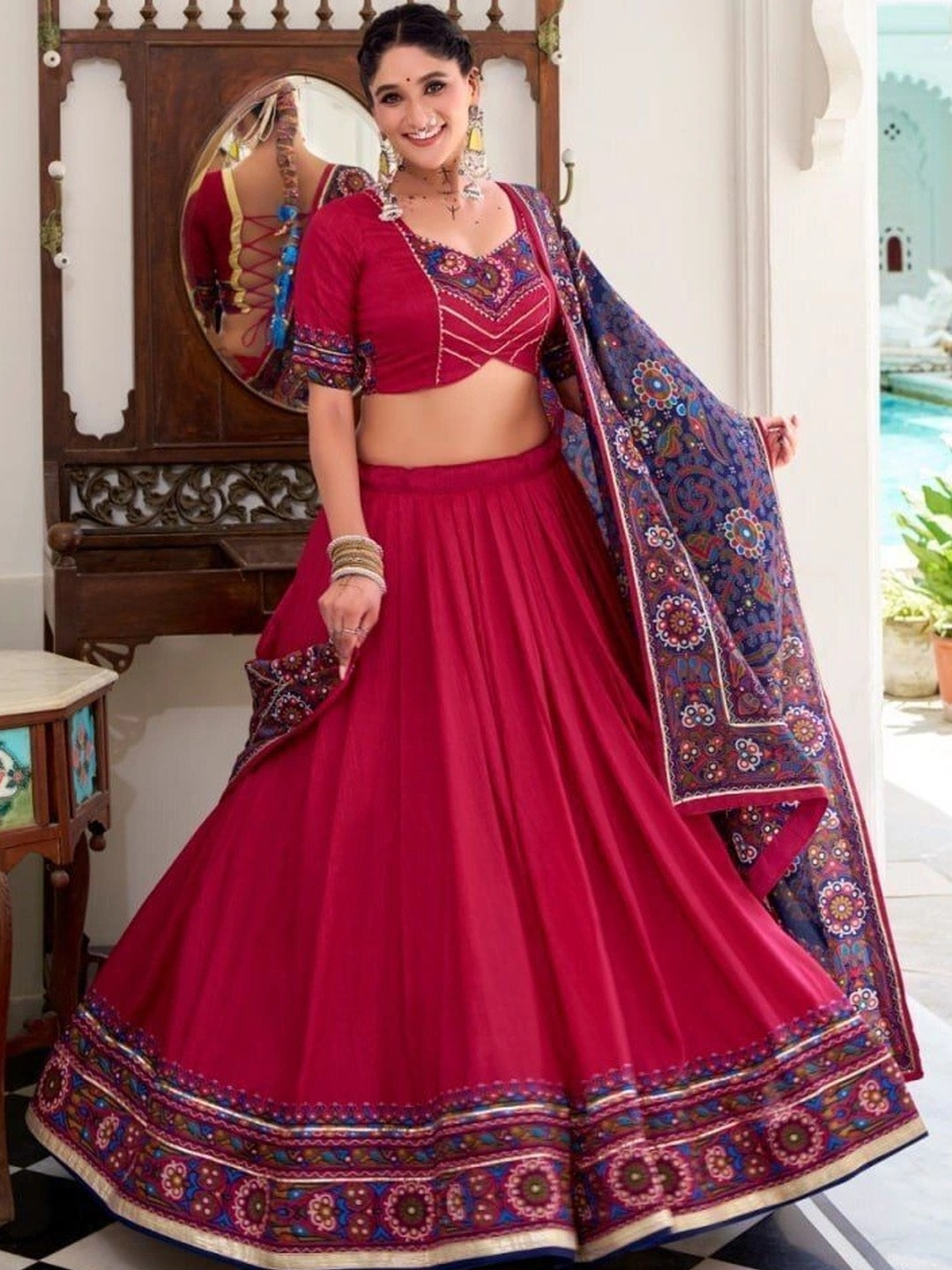 HAMOFY Embroidered Thread Work Ready to Wear Lehenga & Unstitched Blouse With Dupatta