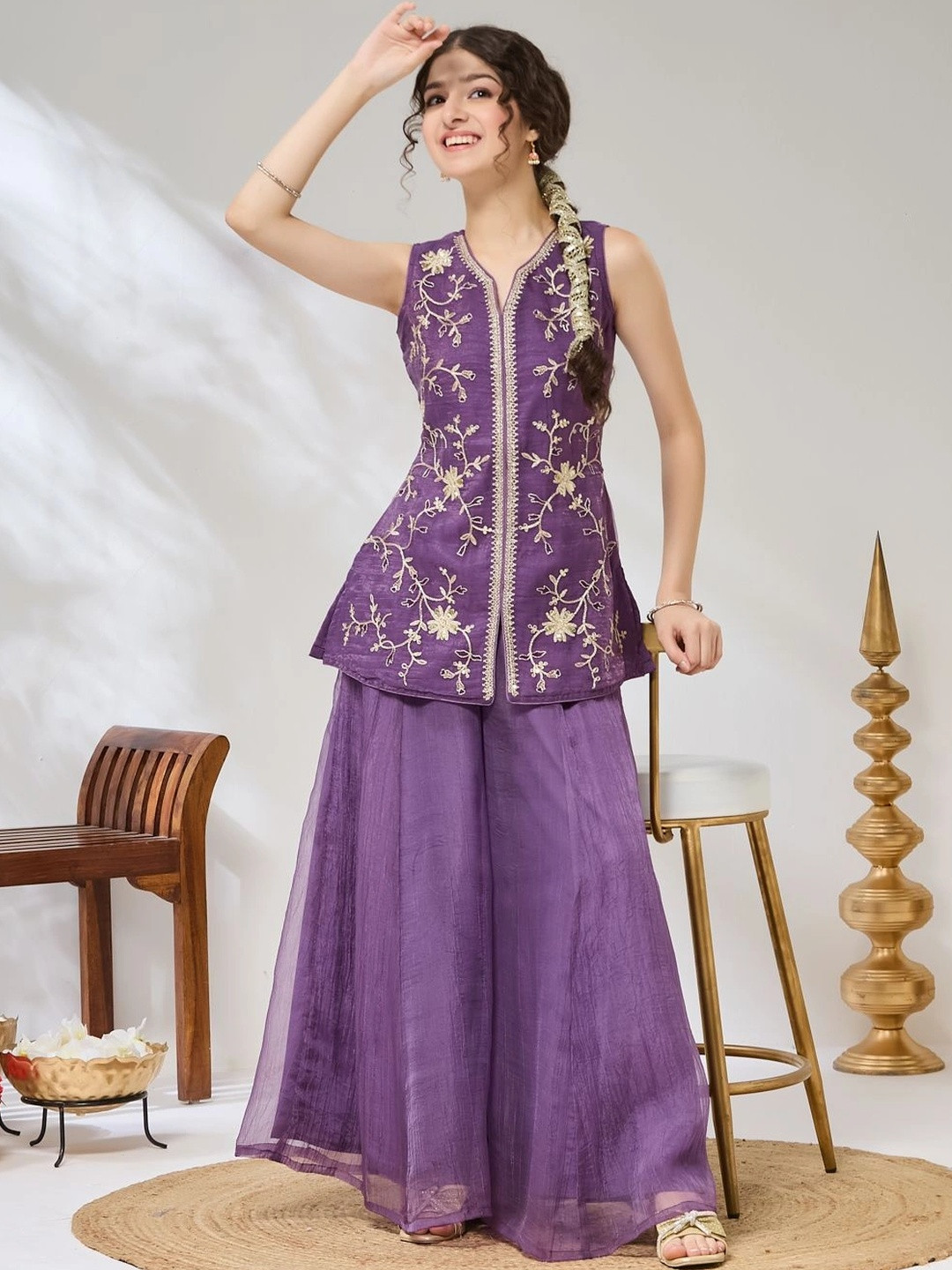 CurlyTales Girls Lavender Embroidered Kurti With Plazzo Set