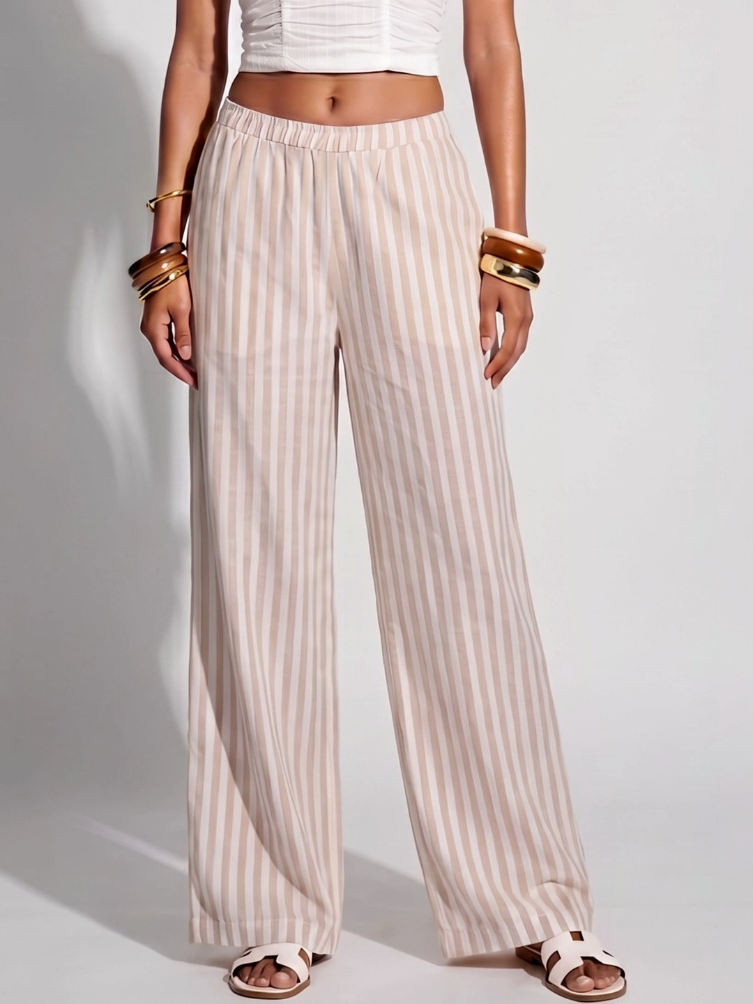NISHORAMA Women Striped Relaxed High-Rise Easy Wash Trousers