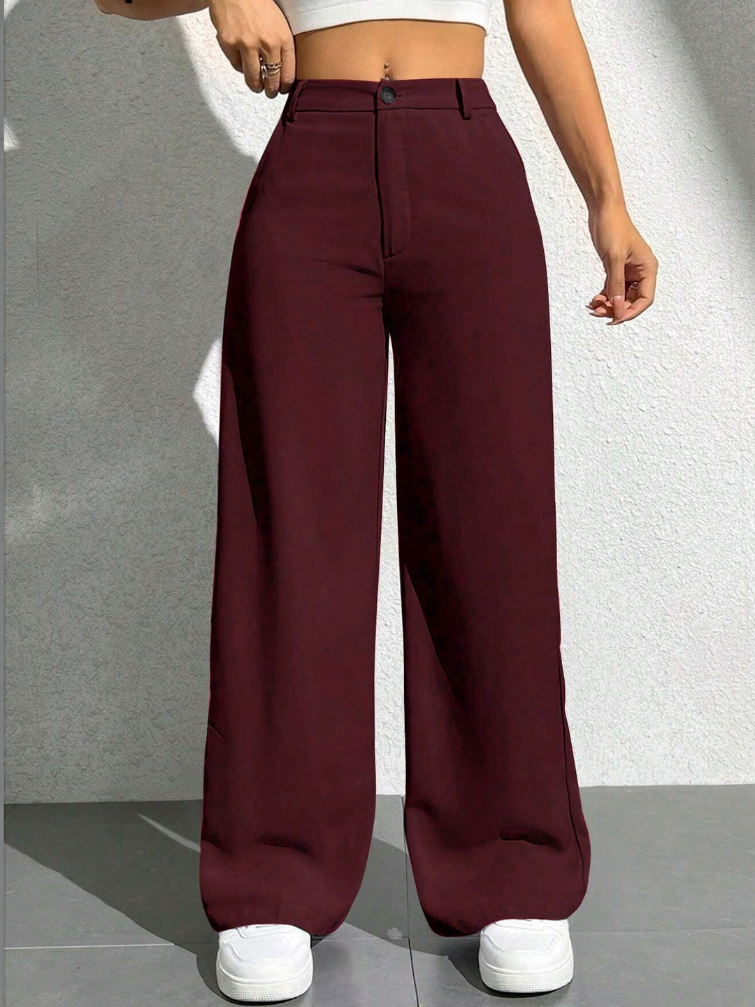 Mast & Harbour Women Straight Fit High-Rise Wrinkle Free Trousers
