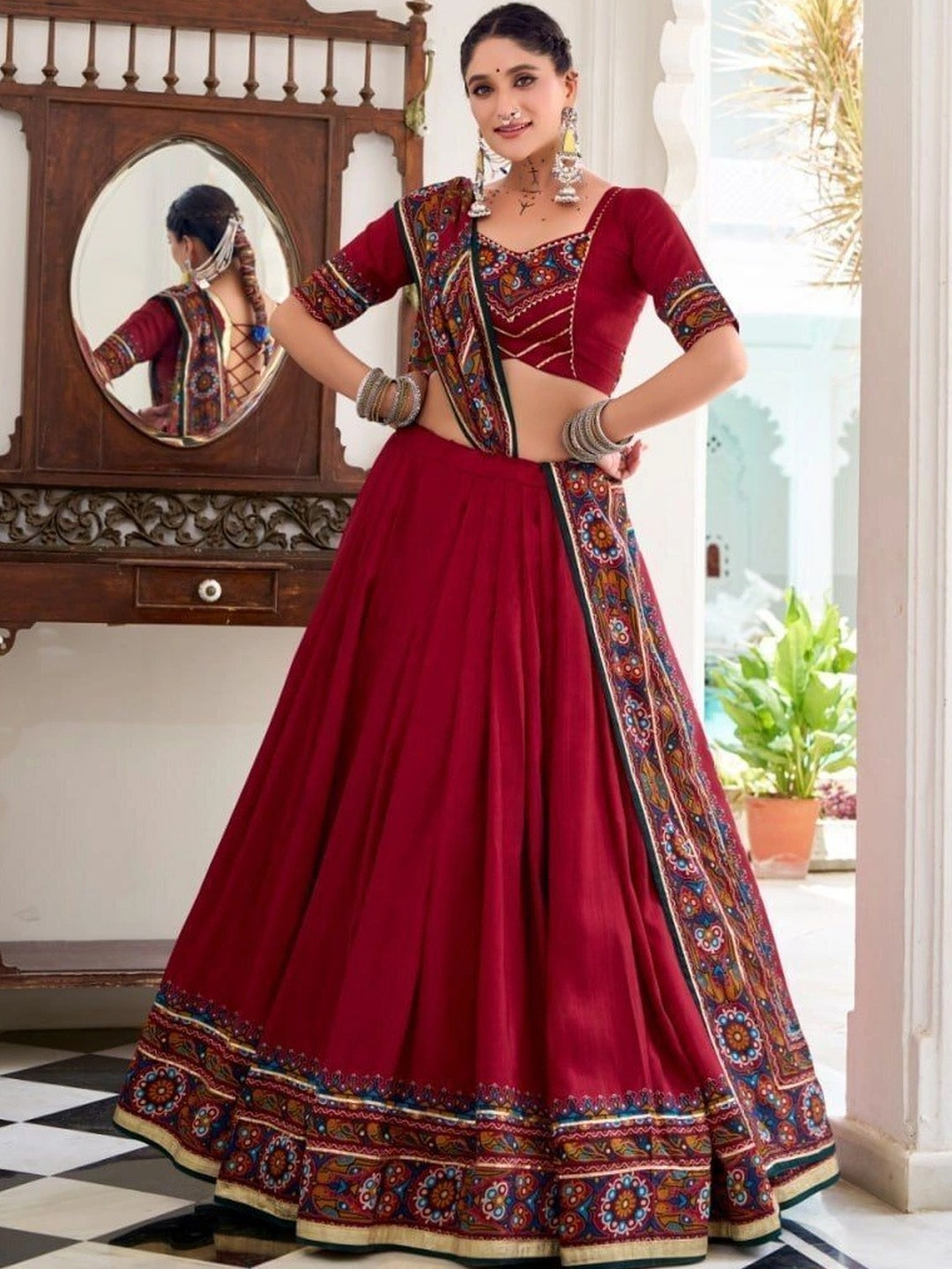 HAMOFY Embellished Thread Work Ready to Wear Lehenga & Unstitched Blouse With Dupatta