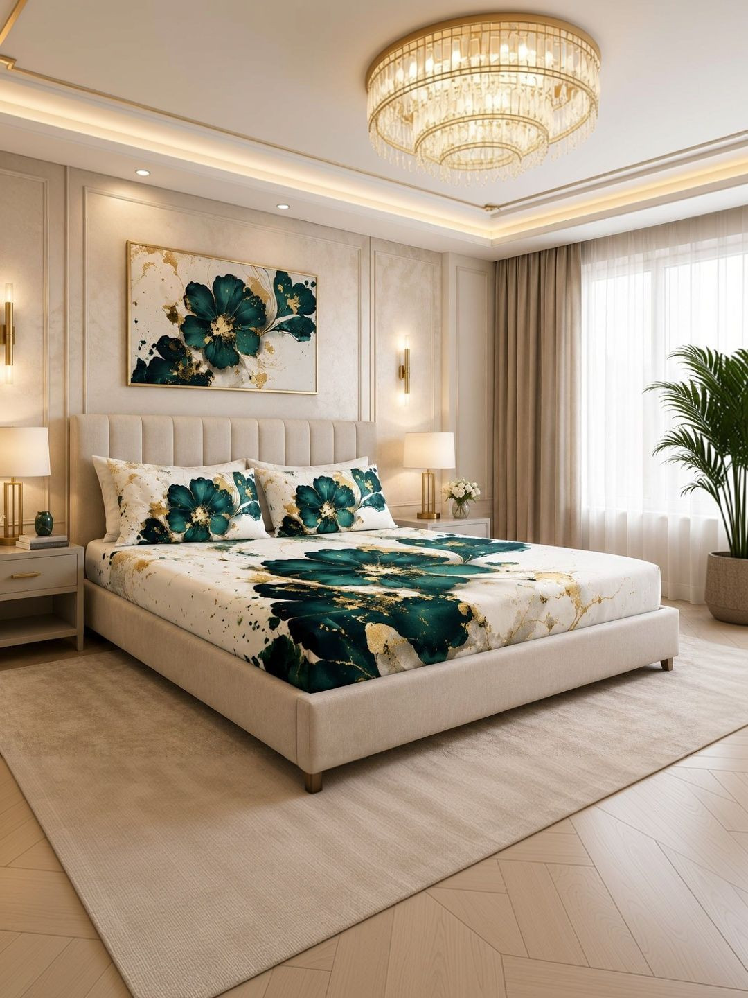 Signature Green & Gold-Toned Floral 144 TC King Bedsheet with 2 Pillow Covers