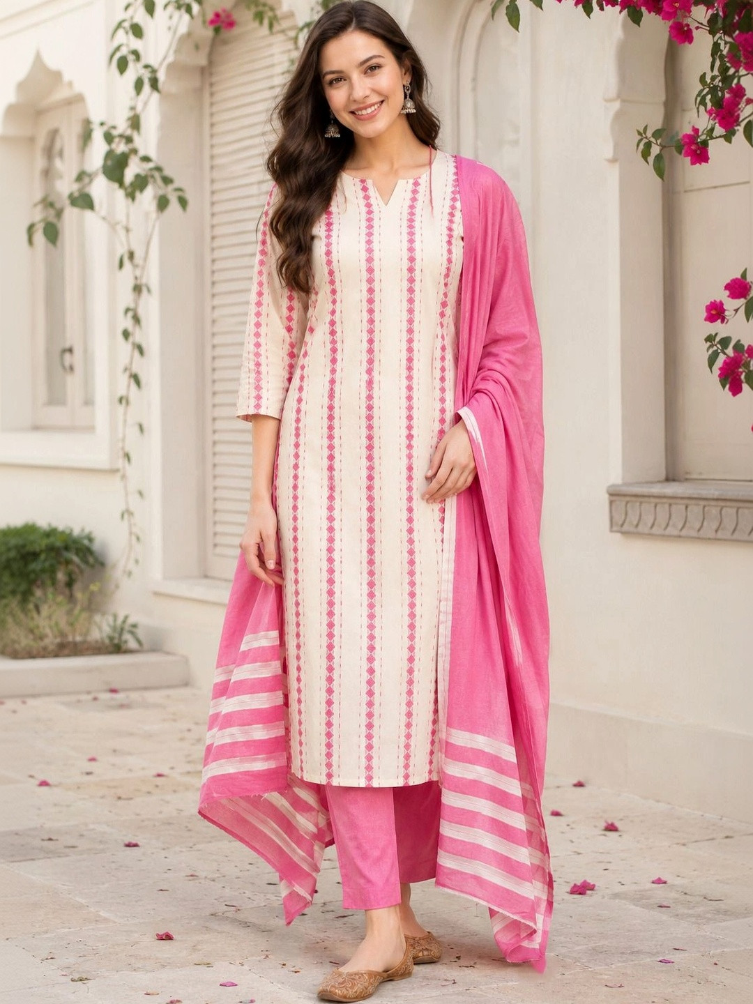 HIVA TRENDZ Women Ethnic Motifs Printed Regular Pure Cotton Kurta with Trousers & With Dupatta