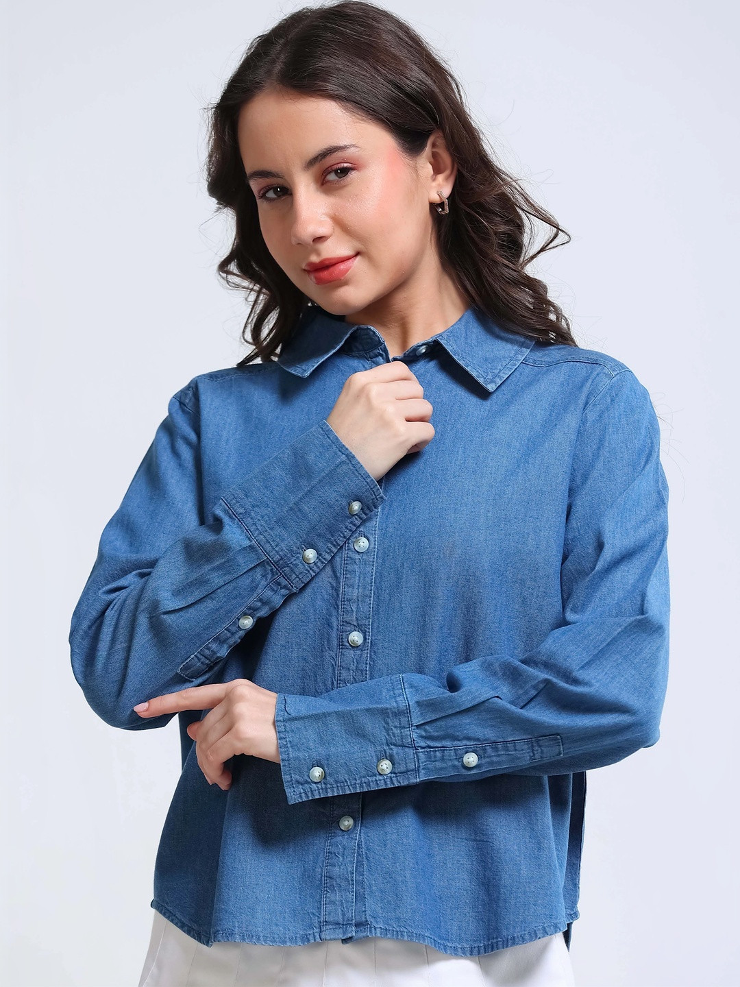 GLAM & CHIQUE Women's Full Sleeve Solid Denim Button-Down Casual Shirt