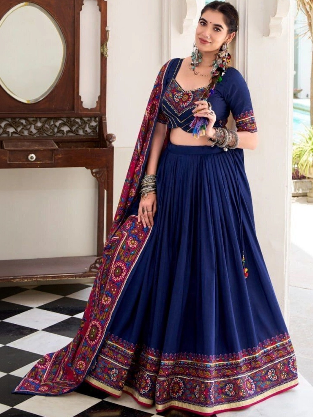 HAMOFY Embroidered Thread Work Tussar Silk Lehenga & Unstitched Blouse With Dupatta