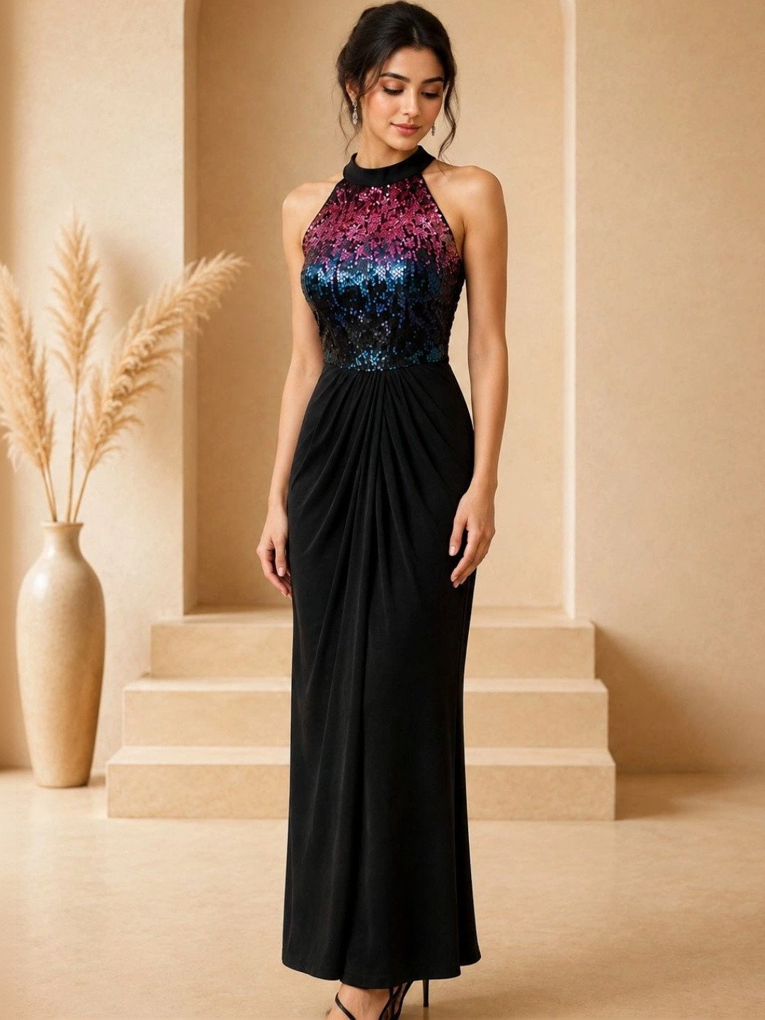 Shally Bhasin by Athena Embellished Halter Neck A-Line Maxi Dress