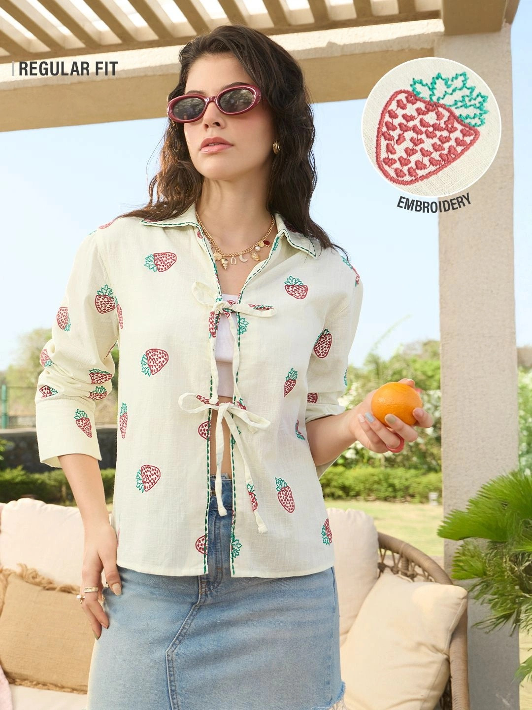 The Souled Store Womens Embroidered Beige Shirts