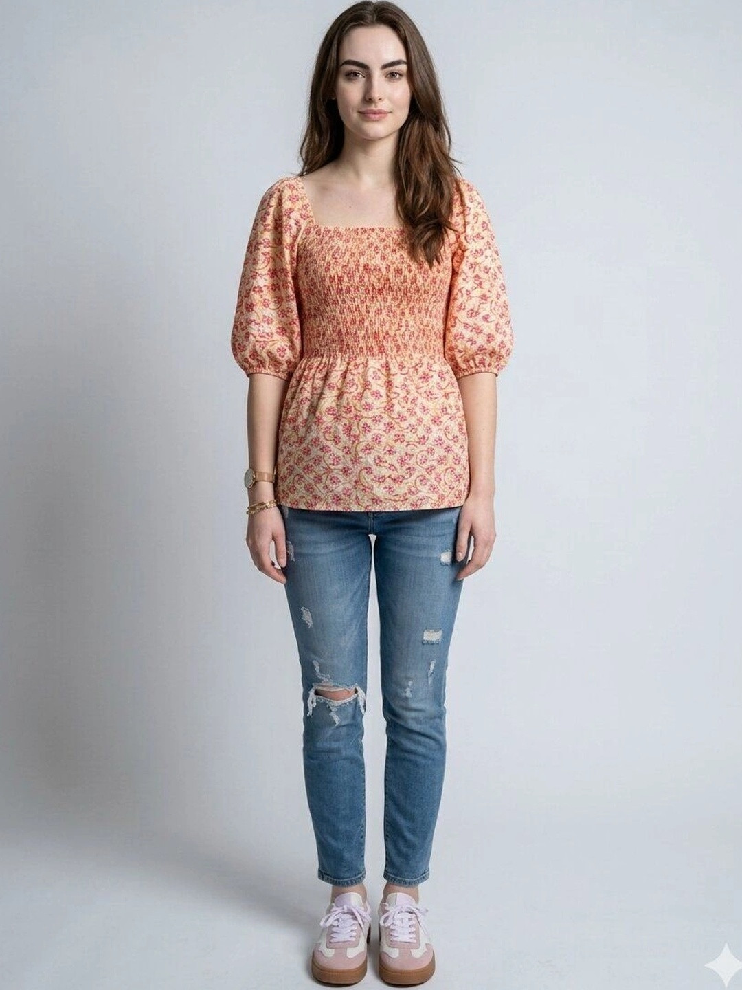 RANGRIWAZ Floral Print Puff Sleeve Cotton Peplum Top