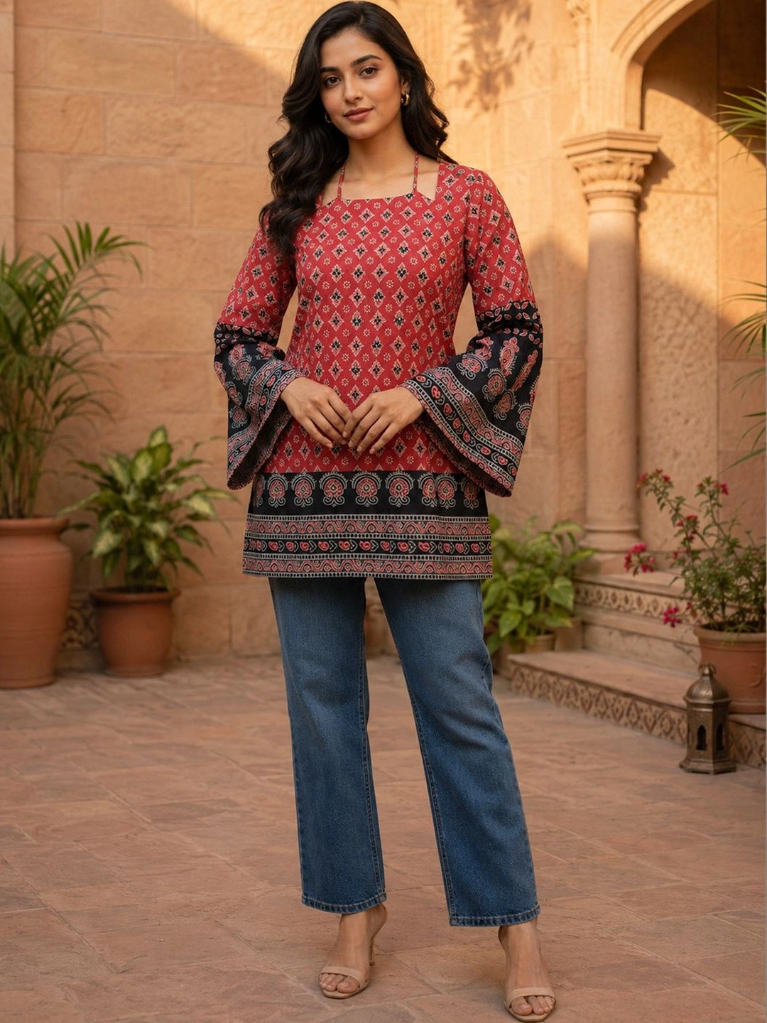 Sun Fashion And Lifestyle Women Ethnic Motifs Printed Bell Sleeves - Image 1