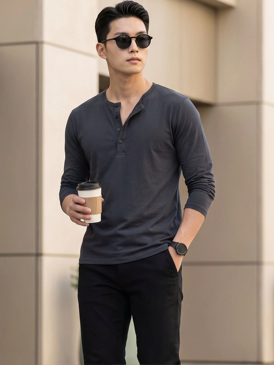 BULLMER Men Henley Neck T-shirt