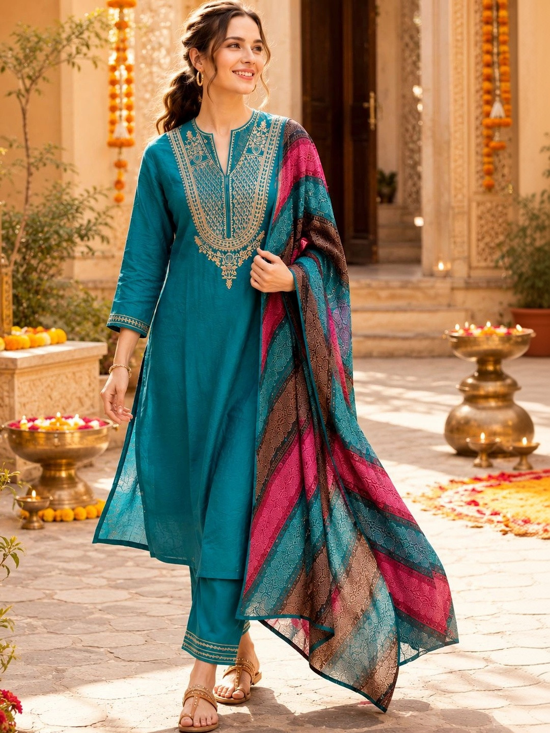 Nayam By Lakshita Women Ethnic Motifs Embroidered Regular Thread Work Kurta with Trousers & With Dupatta