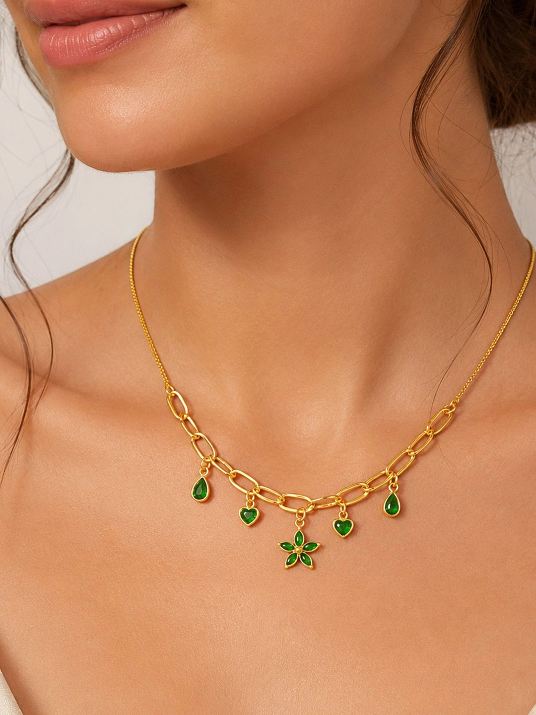 Masfaa Women Stainless Steel Green Floral Charm Necklace with Heart and Teardrop Charms