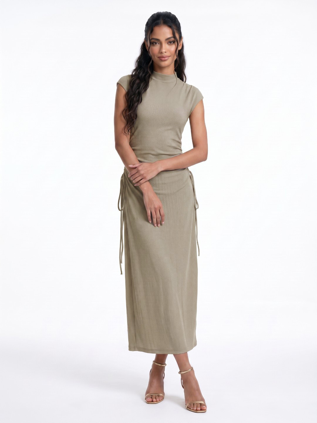 glitchez Textured Ruched High Neck Bodycon Maxi Dress